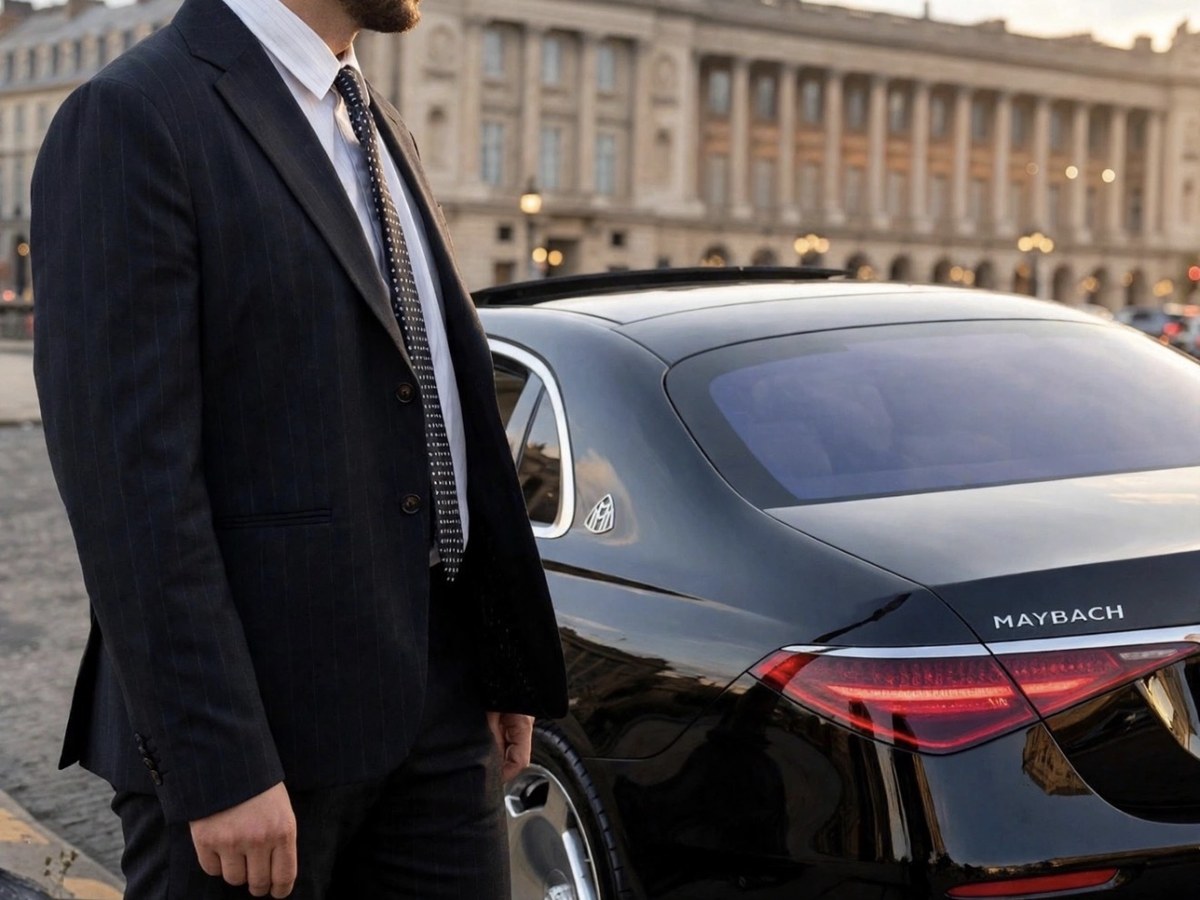Chauffeur Velour en costume sombre devant une Maybach, place de la Concorde