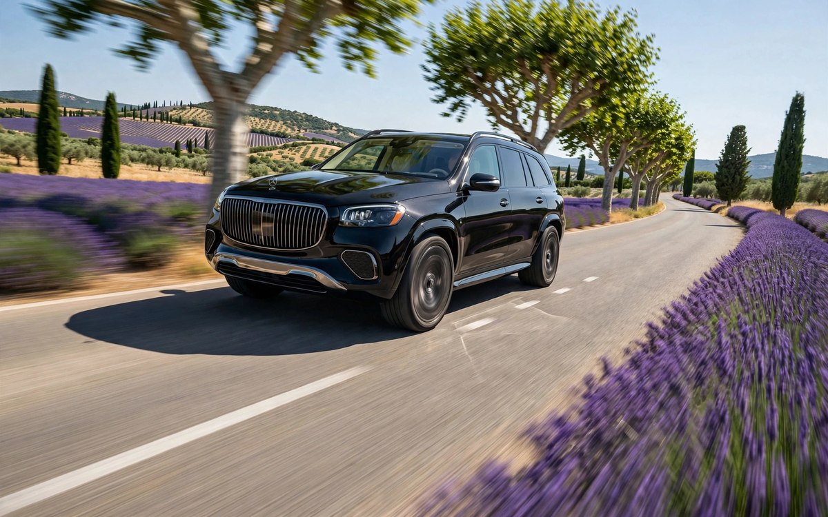 Maybach GLS noir sur une route de Provence bordée de lavande et de cyprès